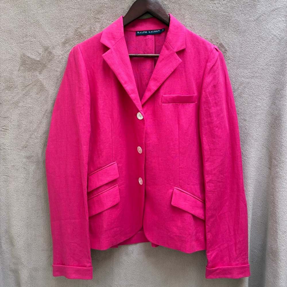 Ralph Lauren Pink 100% Linen Blazer Jacket Size 10 Tailored Luxury Timeless